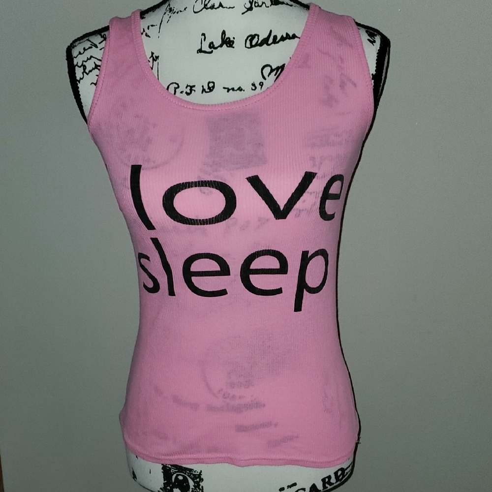 Sleep Junkie Pink Sleeveless Top "I Love Sleep" Print Graphic Tank Top Large